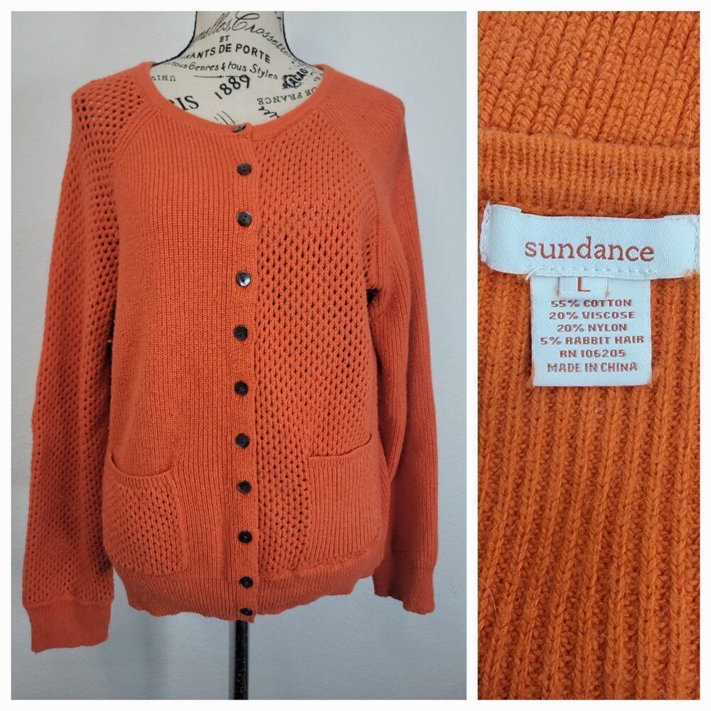Sundance Sweater Womens Sz Large Rabbit Hair Blend Orange Button Pocket Cardigan